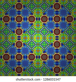 Vector abstract patch seamless pattern. Mosaic background in green, yellow and blue colors.