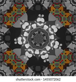 Vector abstract patch seamless pattern. Mosaic background in blue, gray and orange colors.