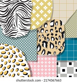 Vector abstract patchwork with geometric, leopard, zebra, floral simple ornaments, stripes and dots. Patchwork from classic patterns.