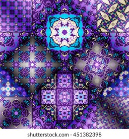 Vector abstract patchwork pattern. Arabic tile texture with geometric and floral ornaments. Decorative elements for textile, book covers, print, gift wrap. Vintage boho style.