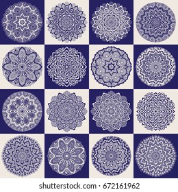 Vector abstract patchwork pattern from dark blue and beige ethnic ornaments. Wallpaper background. Hand drawn mandala round ornament set, batik, fantasy tracery, textile print, wrapping paper