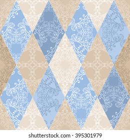 Vector abstract patchwork seamless pattern of blue and beige ornaments. Textile fashion design