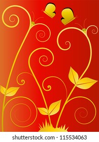 Vector Abstract Pattern Background with Floral Swirl Elements Leaves Grass and Butterfly and Gradient