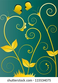 Vector Abstract Pattern Background with Floral Swirl Elements Leaves Grass and Butterfly and Gradient