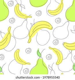 Vector abstract pattern with bananas and pears in doodle style. Hand drawn summer seamless texture for wrapping paper,cards, invitations designs 