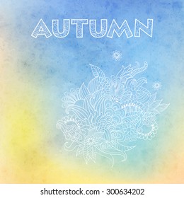 Vector abstract  pattern with blue watercolor texture and hand drawn flowers. Perfect  cards for any  kind of design, birthday and other holiday