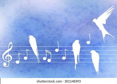 Vector abstract  pattern with blue watercolor texture and hand drawn  music notes  and birds. Perfect  cards for any  kind of design, birthday and other holiday