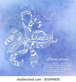 Vector abstract  pattern with blue watercolor texture and hand drawn flowers. Perfect  cards for any  kind of design, birthday and other holiday