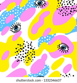 Vector abstract pattern with bold organic round shapes and hand drawn eyes. Seamless grunge texture in Memphis style. Vector background in bright fun colors yellow, pink, blue and 1990s fashion