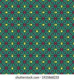 Vector abstract pattern of bright colored squares and rhombuses on top of a black contour mesh, geometric print on a mint background. 
For the manufacture of modern, beautiful and quality products.