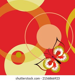 Vector abstract pattern with butterfly on a floral round ornament on a white background with circles and rings on a red background for the design of a scarf, shawl, hijab.
