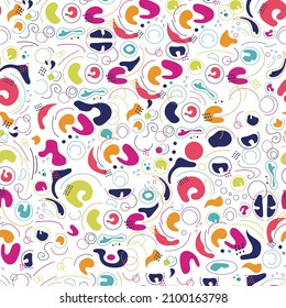 Vector abstract pattern with colored elements. Textile background with circles, drops, lines, deformed shapes on white background