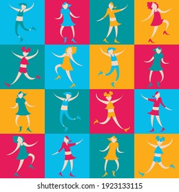 Vector abstract pattern - colorful cells and dancing simplified girls in bright clothes. Concept - an active lifestyle in the disco style