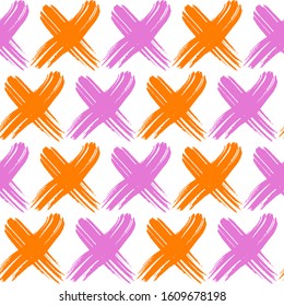 Vector abstract pattern with cross marks and circles. Geometric wrapping paper, textile vector fill. Tile X O ink brush texture. Tile vector pattern with black xo on white background