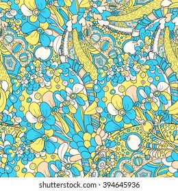 Vector abstract pattern with floral ornament in zentangle style. Colorful illustration. blue and yellow colors, square form. Seamless design