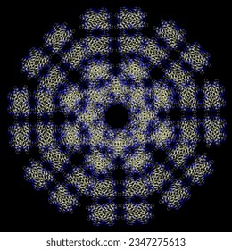 Vector abstract pattern in the form of blue and yellow geometric shapes arranged in a circle on a black background