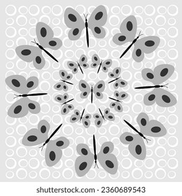 Vector abstract pattern in the form of butterflies arranged in a circle on a gray background