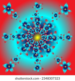 Vector abstract pattern in the form of flowers arranged in a circle on a red and blue background