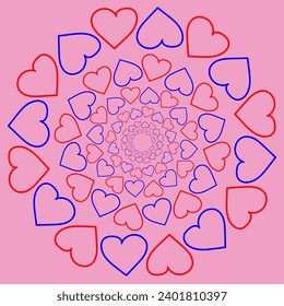 Vector abstract pattern in the form of hearts arranged in a circle on a pink background