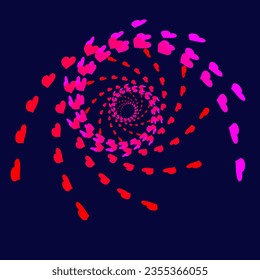 Vector abstract pattern in the form of pink and red hearts arranged in a spiral on a blue background