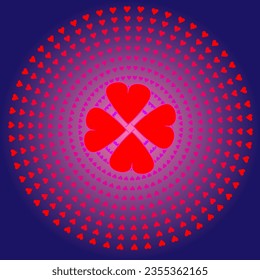 Vector abstract pattern in the form of red and pink hearts arranged in a circle on a blue background