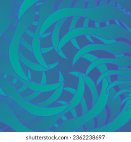 Vector abstract pattern in the form of wavy lines and curved leaves arranged in a circle on a blue background
