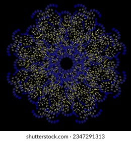 Vector abstract pattern in the form of yellow and blue flowers arranged in a circle on a black background