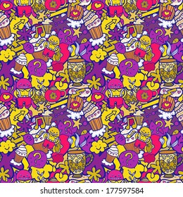 Vector abstract pattern with funny cat. Vector seamless fun pattern.