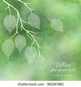 Vector abstract pattern with green watercolor texture and hand drawn leaves. Perfect cards for any kind of design, birthday and other holiday