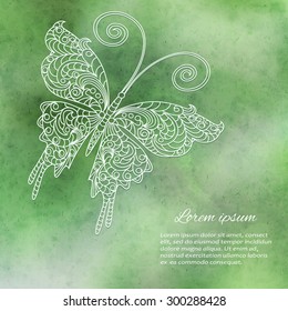 Vector abstract pattern with green watercolor texture and hand drawn butterfly. Perfect cards for any kind of design, birthday and other holiday