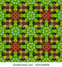 Vector abstract pattern. Hand-drawn colored mandala on a green, brown and yellow colors.