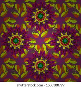 Vector abstract pattern. Hand-drawn colored mandala on a yellow, purple and green colors.