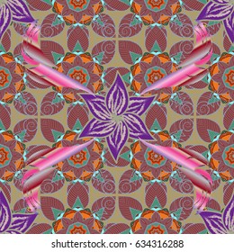 Vector abstract pattern. Hand-drawn colored mandala on a magenta background.
