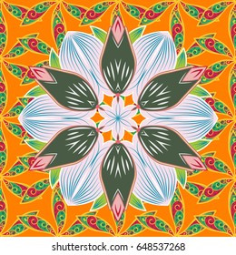 Vector abstract pattern. Hand-drawn colored mandala on a blue background.