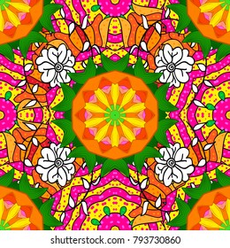 Vector abstract pattern. Hand-drawn colored mandala on a orange, yellow and green colors.