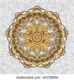 Vector abstract pattern. Hand-drawn golden mandala on a gray background.