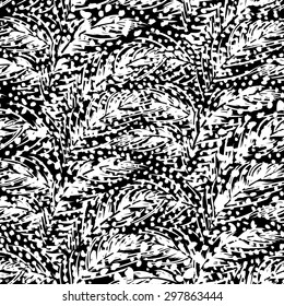 Vector abstract pattern inspired by tropical birds, parrots wings, leaves, foliage. Seamless feather texture hand drawn in black and white with splattered dots. Bold print for winter fall fashion