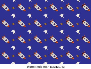 The vector abstract pattern of kids science design, rocket, stars, astronauts and Saturn background. The concept through rocket icons is perfect for backgrounds, website wallpaper and kids' rooms.