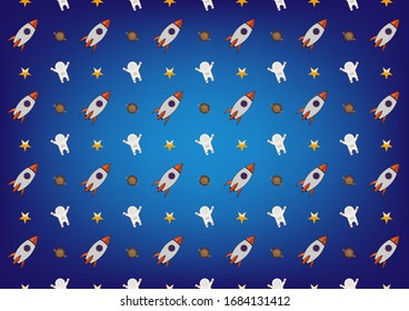 The vector abstract pattern of kids science design, rocket, stars, astronauts and Saturn background. The concept through rocket icons is perfect for backgrounds, website wallpaper and kids' rooms.
