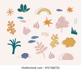 Vector abstract pattern, in matisse style, hand-drawn. Trendy elements and shapes. Trendy elements and shapes in pastel colors.