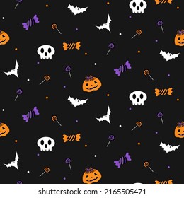 Vector - Abstract pattern of pumpkin, candy, lollipop, bat on black background. Halloween concept. Can be use for print,  paper, fabric, wallpaper.