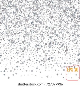 Vector Abstract pattern of random falling silver stars on white background. Elegant pattern for banner, greeting card, Christmas and New Year card, invitation, postcard, paper packaging