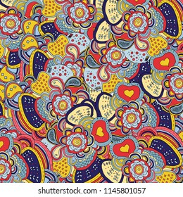 Vector abstract pattern in red, blue and yellow colors. Mandala. Kaleidoscopic design.  Ethnic background. Foliage.
