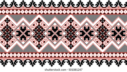 Vector abstract pattern ribbon embroidery traditional folk art pixel art style, black-red