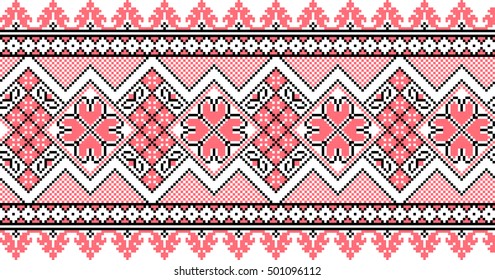 Vector abstract pattern ribbon embroidery traditional folk art pixel art style, red-black