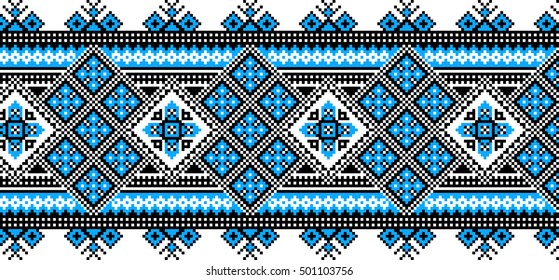 Vector abstract pattern ribbon embroidery traditional folk art pixel art style, blue-black
