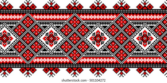 Vector Abstract Pattern Ribbon Embroidery Traditional Folk Art Pixel Art Style, Black-red