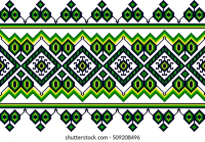 Vector abstract pattern ribbon embroidery traditional folk art pixel style, type 4, black-green-yellow