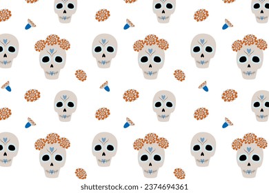 Vector abstract pattern of Sugar Skulls and flowers. Day of the Dead. Dia de los muertos. Mexico