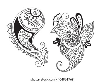 Vector abstract pattern of tattoo henna cucumbers. Stock mehndi illustration for design on white background.